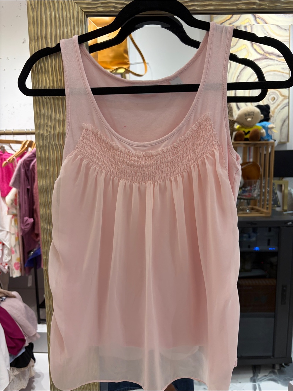 New York & Company Pale Pink Smocked Chiffon Tank
